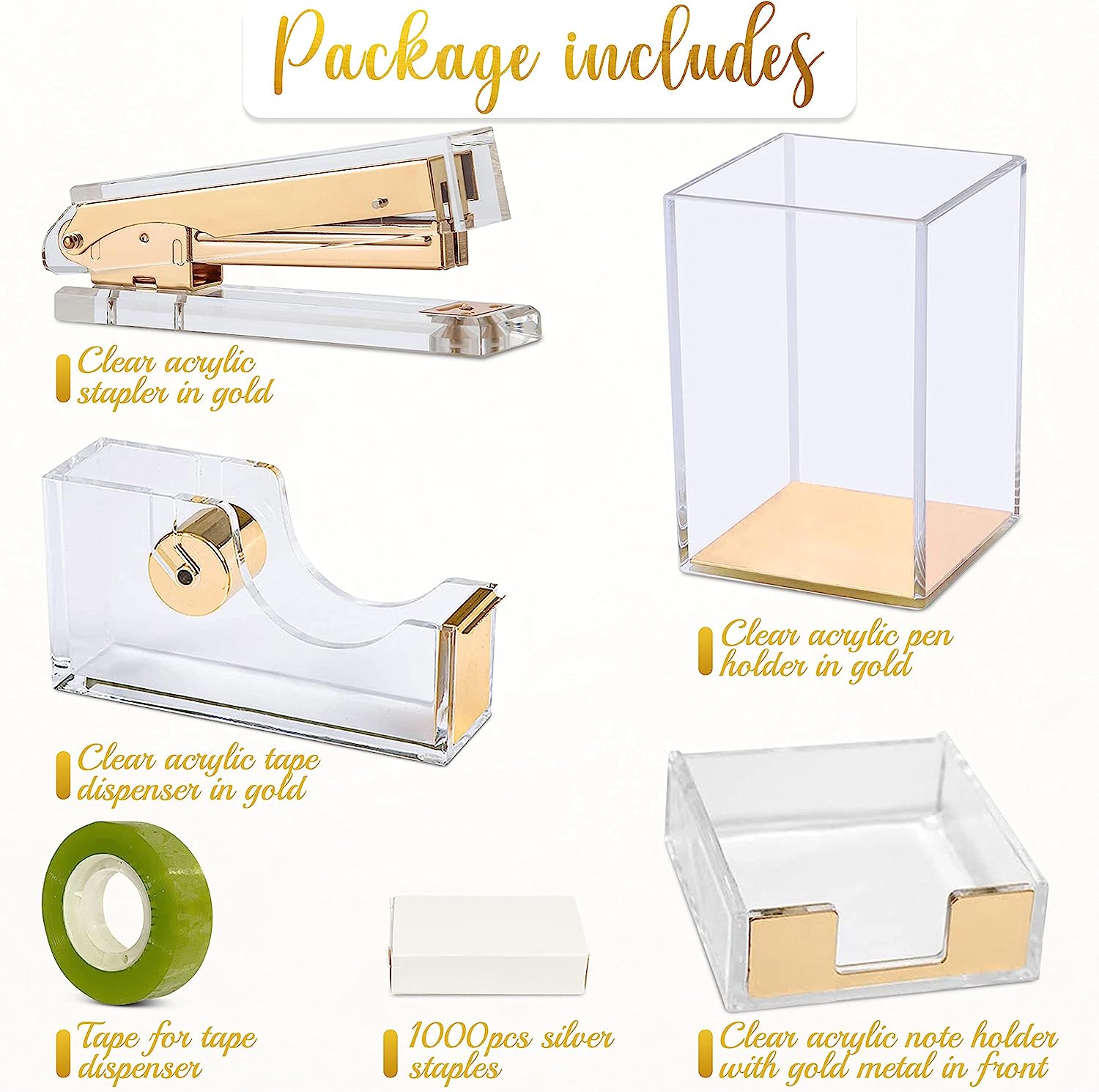 Varuni- Gold Desk Accessories- Office Accessories -Gift Set- Heavy Duty Stapler, Pen Organizer, Tape Dispenser Desk, Clear Sticky Notes- Including Clear Tape and 1000 Staples- Acrylic Desk - Image 2